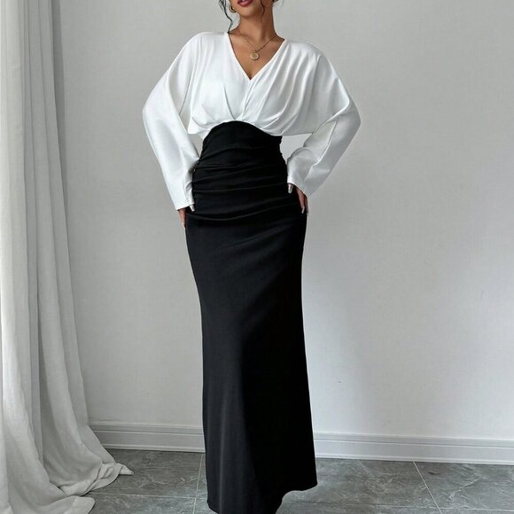 Black Elegant Women's Patchwork Long Sleeve Pleated Hem Casual Dress - Picture 5 of 6